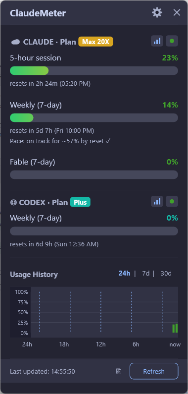 ClaudeMeter dark dashboard showing Claude and Codex limits